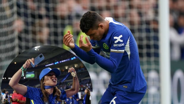 Thiago Silva pictured (right) during Chelsea's 4-2 loss to Wolves in February 2024, next to his wife Belle celebrating after the 2021 Champions League final